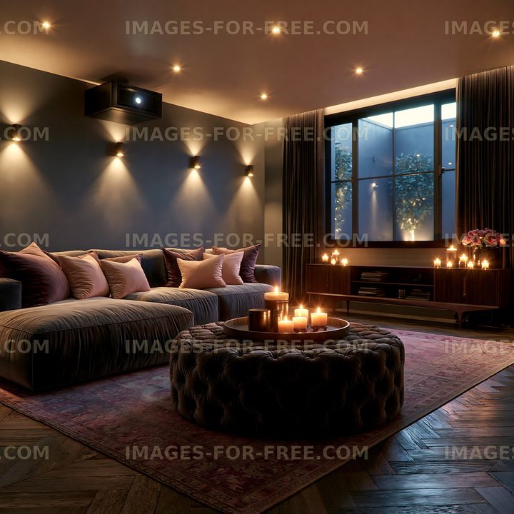Cozy living room with candles and soft seating in the evening