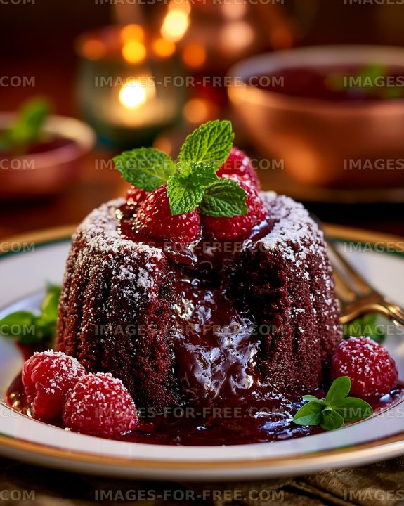 Chocolate fondant dessert with raspberries and mint on a plate