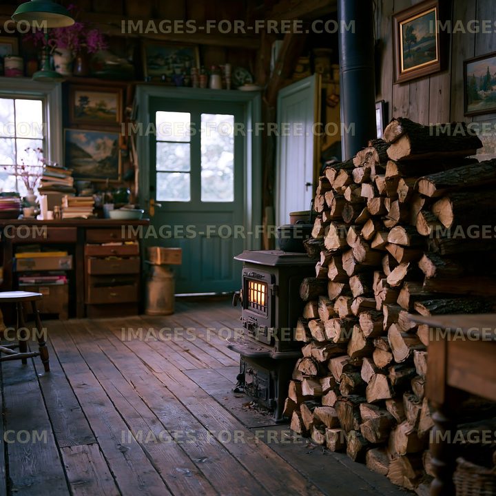 Cozy interior with a wood stove and stacks of firewood
