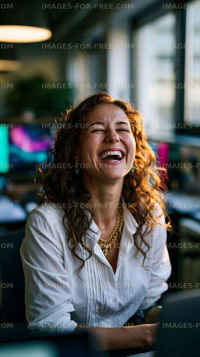 Woman laughing while sitting in a bright office space