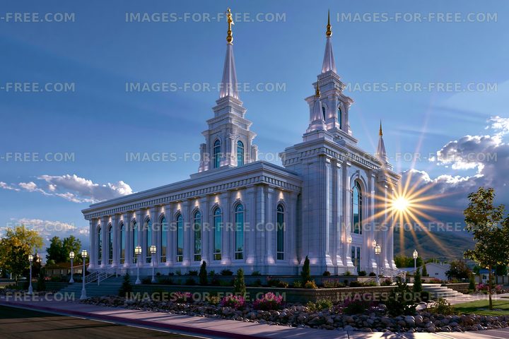 Sunrise over a large building with spires and detailed architecture
