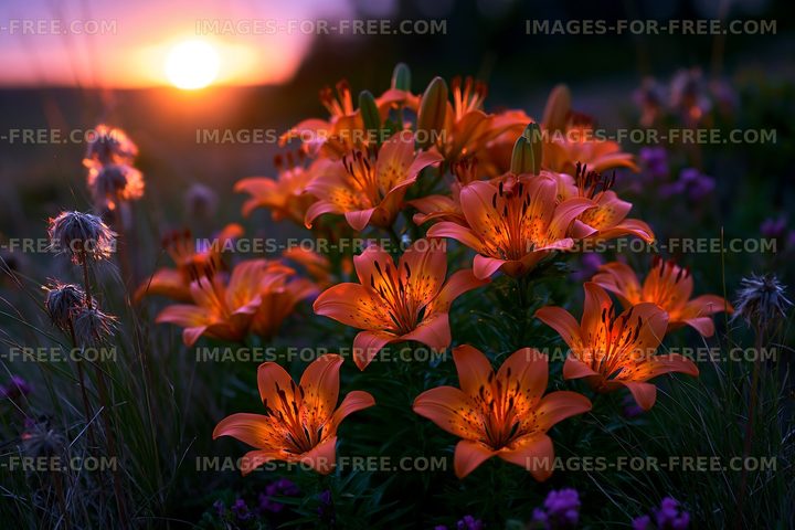 Sunset over blooming orange lilies in a field