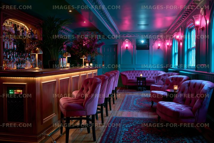 Cozy bar scene with pink lighting and plush seating