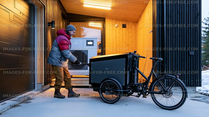 Delivery person using cargo bike outside a modern building