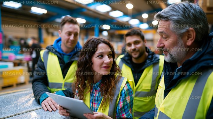 Group of workers discussing project in warehouse setting