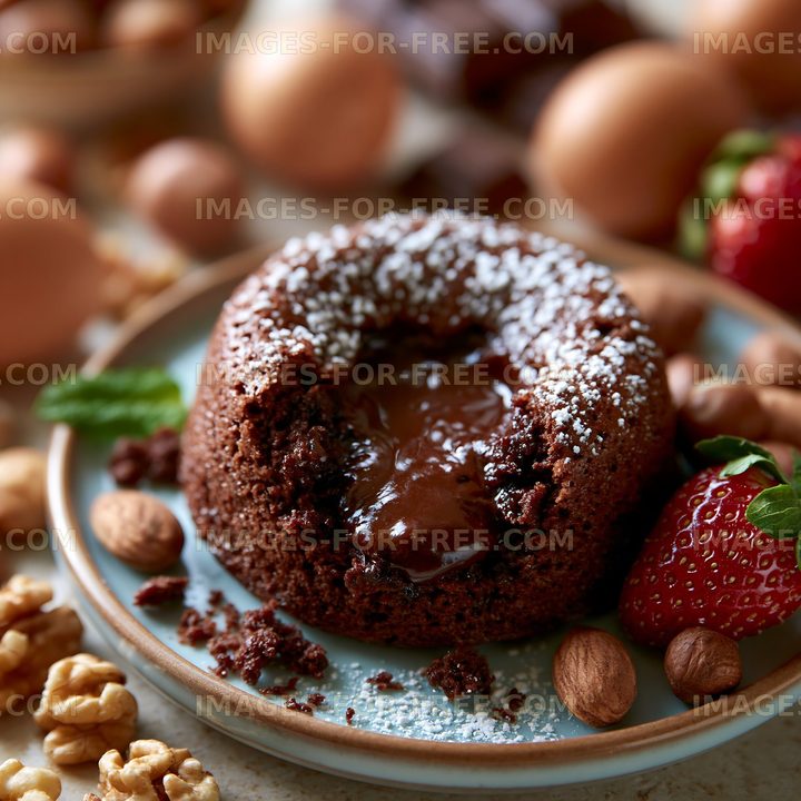 Chocolate lava cake with strawberries and nuts on a plate