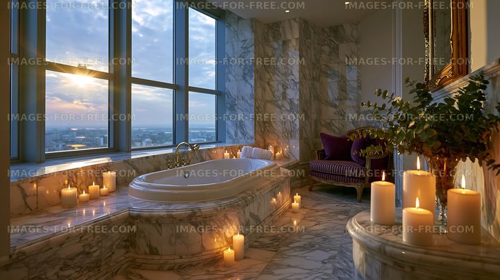 Luxury bathroom with candles and a view of the city at sunset