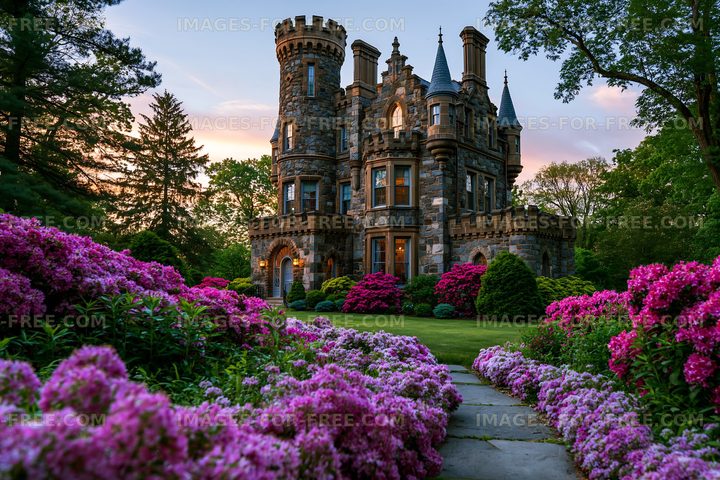 Castle surrounded by colorful flowers during sunset