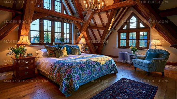 Cozy bedroom with wooden beams and large windows