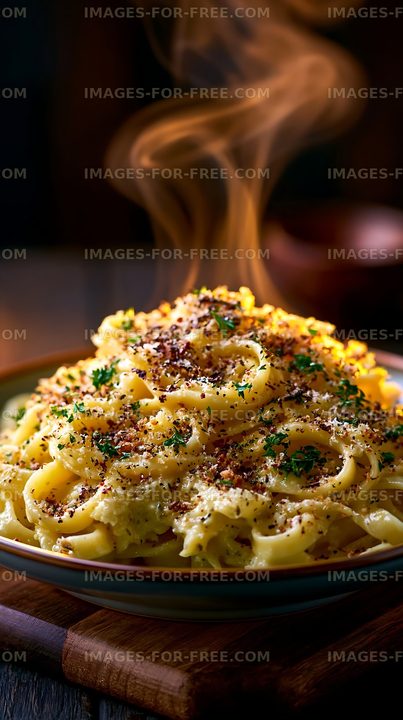 Freshly cooked pasta with steam and herbs on a wooden table