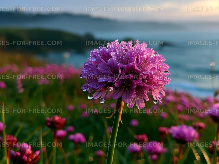 Purple flower with water droplets near the ocean at dawn