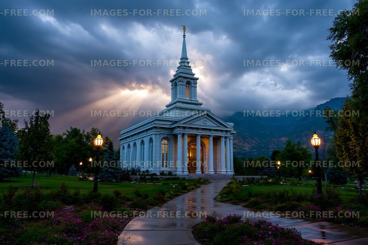 Historic building under cloudy sky with sunlight breaking through