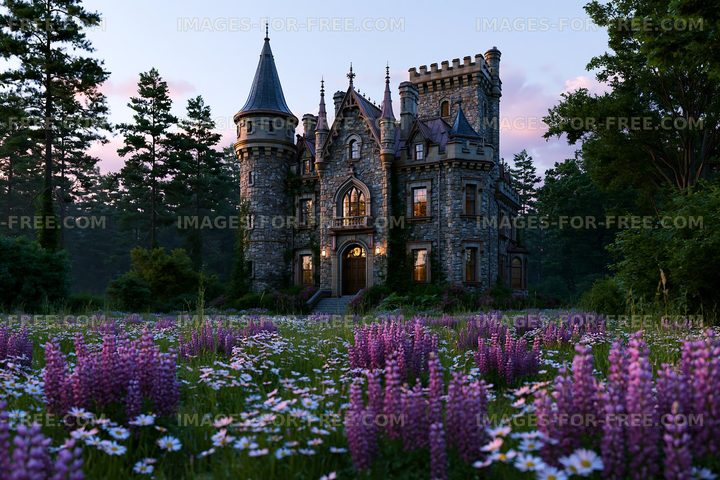 Historic castle surrounded by flowers at dusk