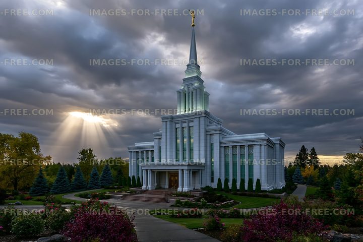 Church building with spire under cloudy skies