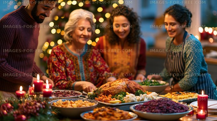 Family gathering around dinner table during holiday celebration