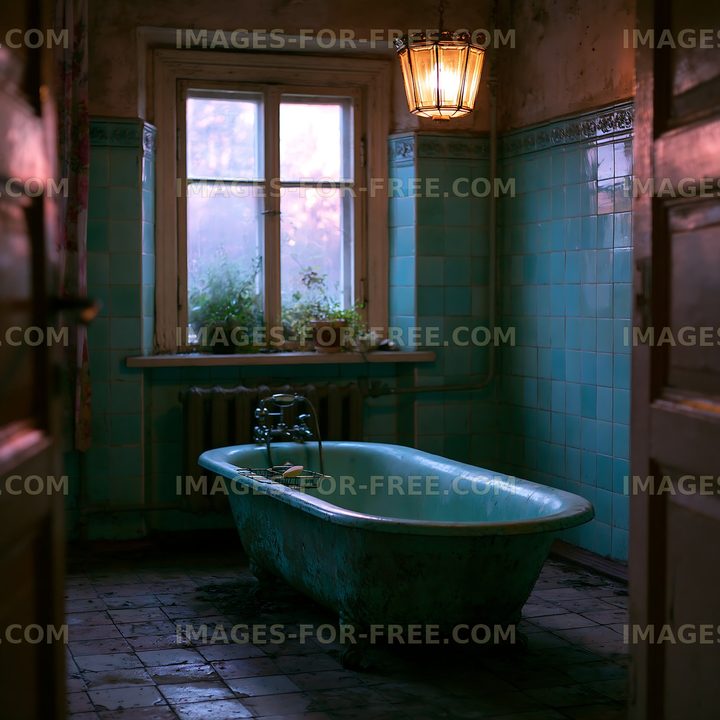 Old bathroom with a vintage bathtub and window in natural light