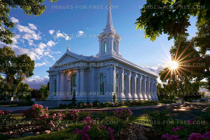 Church building with a tall spire surrounded by flowers at sunset