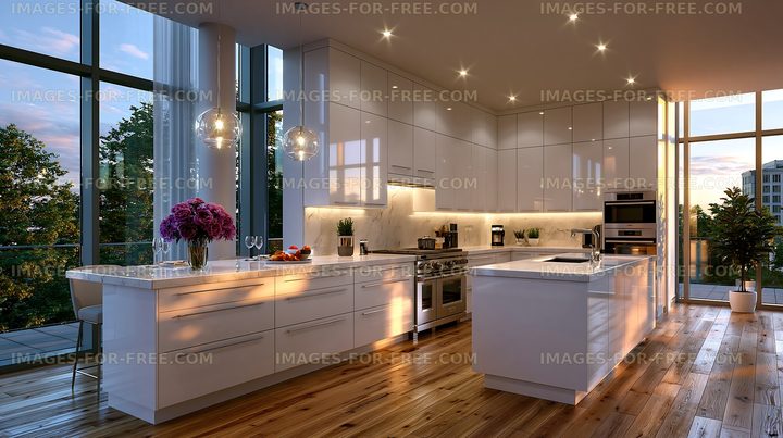 Modern kitchen interior with large windows and sunset light