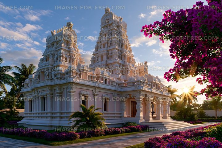 Magnificent temple structure surrounded by vibrant flowers and trees