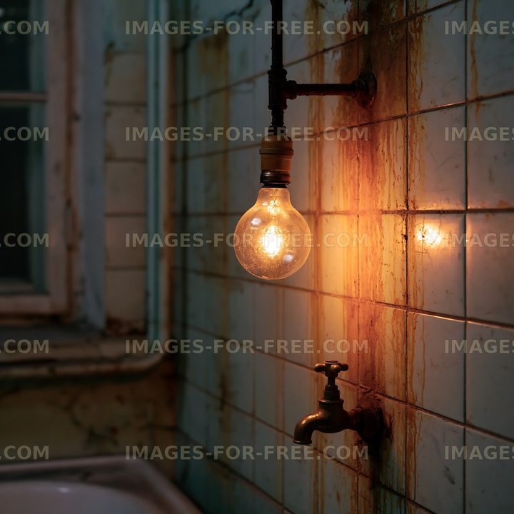 Old light bulb hanging in an abandoned room with rusty tiles