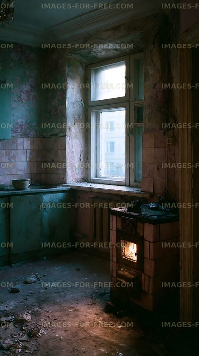 Old kitchen with an antique stove and peeling walls