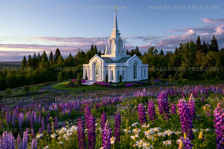 Church surrounded by flowers in a forest during sunset