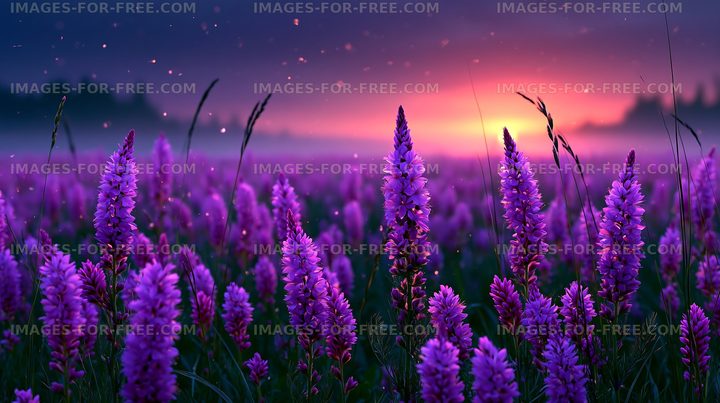 Beautiful lavender flowers bloom during sunset in a field