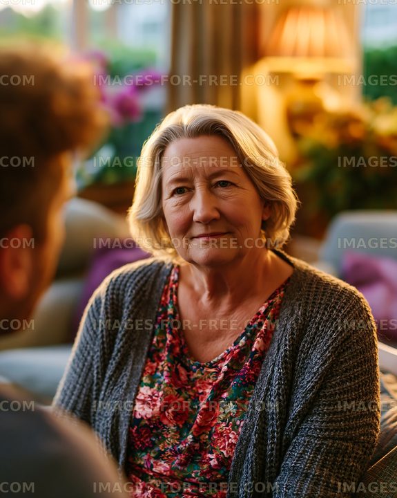 Woman sitting and listening in a cozy indoor setting