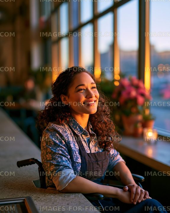 Smiling woman in a cafe during sunset