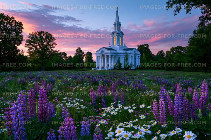 Sunset over white church in field of wildflowers