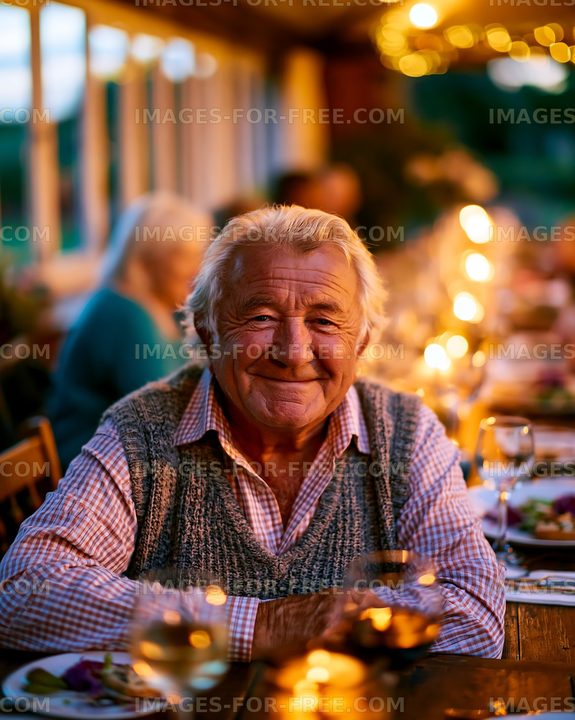 Smiling senior man at outdoor dinner gathering with warm lights