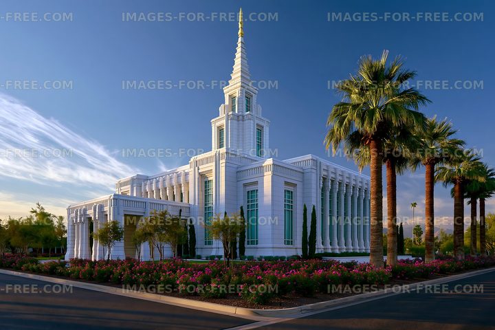 Modern temple surrounded by palm trees and flowers during sunset