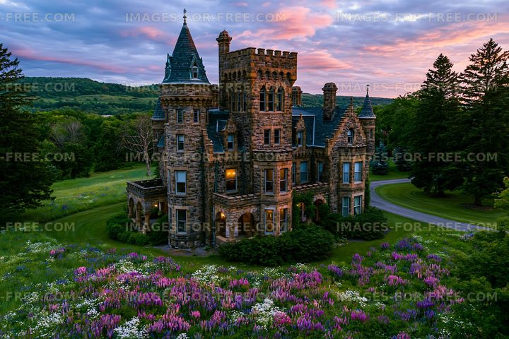 Historic stone castle surrounded by wildflowers at sunset