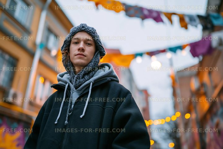 Young person standing in festive street with decorations