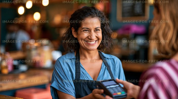 Happy woman serving customer at cafe with payment device