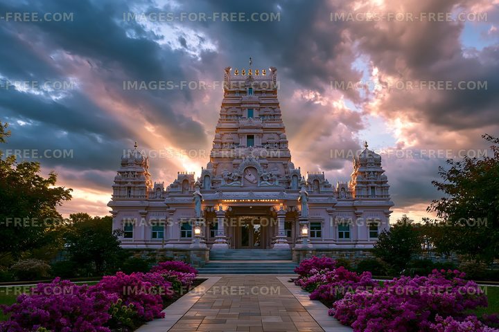 Sunset view of a temple with colorful flowers in the foreground