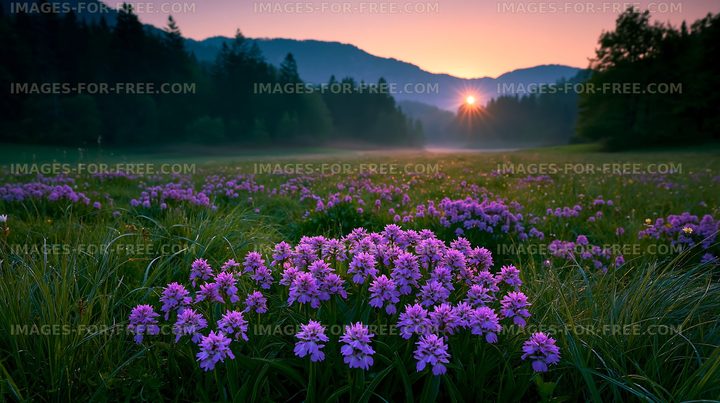 Sunrise over purple flowers in a valley with mountains