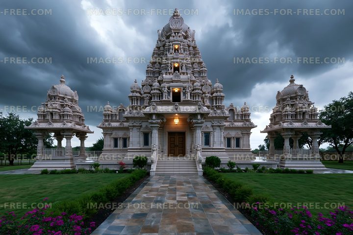 Hindu temple with intricate carvings under a cloudy sky