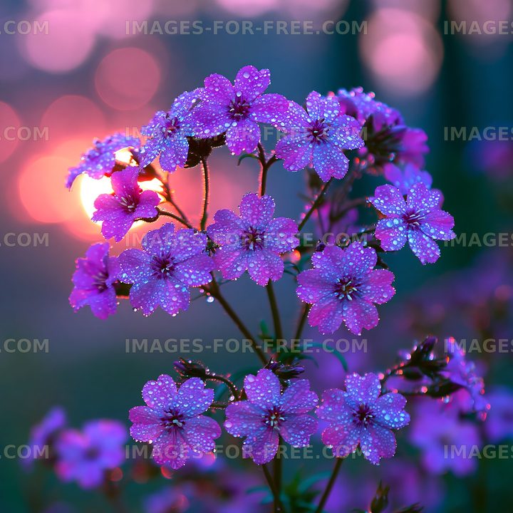 Purple flowers with dew at sunset