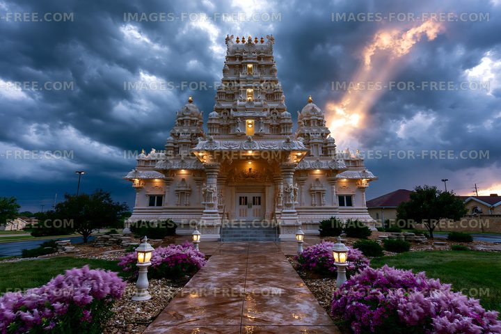 Temple stands under a dramatic sky with storm clouds and sunlight