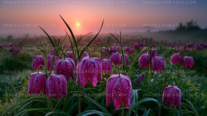 Flowers bloom under the morning sun in a misty landscape