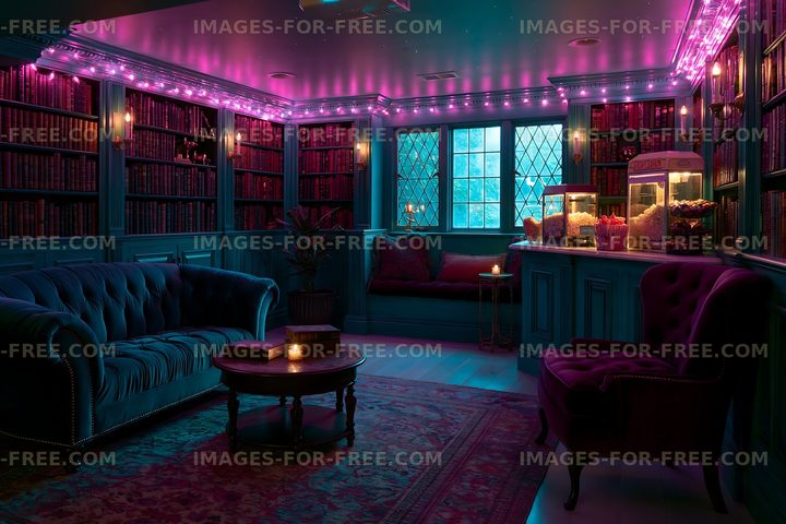 Cozy reading nook with colorful lights and bookshelves