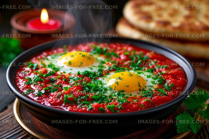 Freshly cooked eggs in tomato sauce served with bread