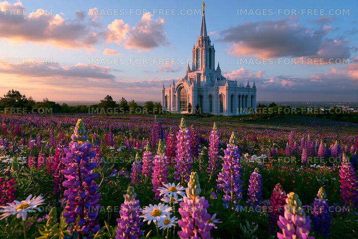 Mountainside temple surrounded by flowers at sunset