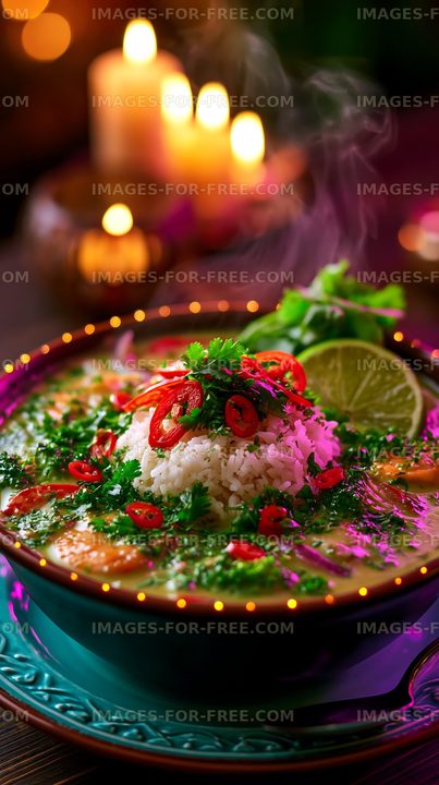 Chili and herb soup with rice on a decorated table