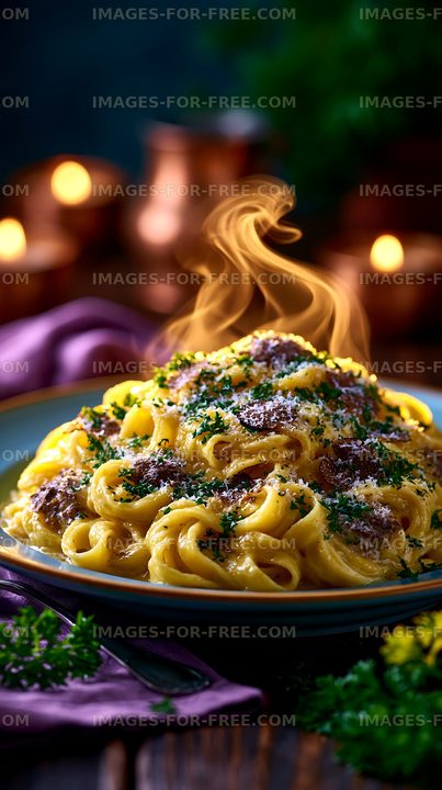 Plate of hot pasta garnished with herbs and cheese