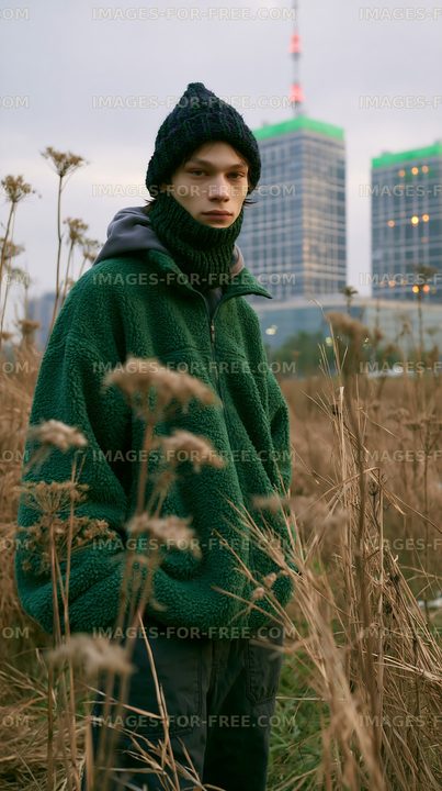 Model stands in tall grass with city buildings in the background