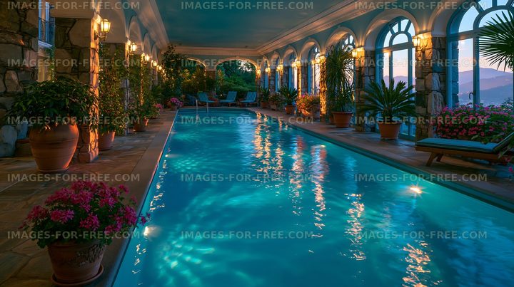 Indoor pool area with plants and lights during sunset