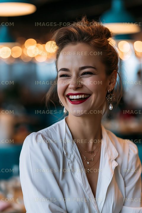 Woman smiling in a restaurant with a warm atmosphere