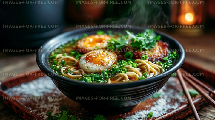 Delicious ramen bowl with eggs and herbs on a wooden table